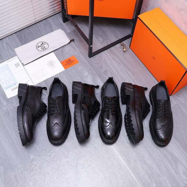 商品商标：Hermes 爱马仕 商务系带皮鞋 正码码数: 39-44 38.45.46订做 商品材料：精选优质漆光牛皮鞋面 水染牛皮内里 原版大底